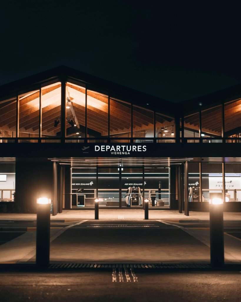 Illuminated terminal at Nelson Airport, New Zealand. Nighttime architectural view.